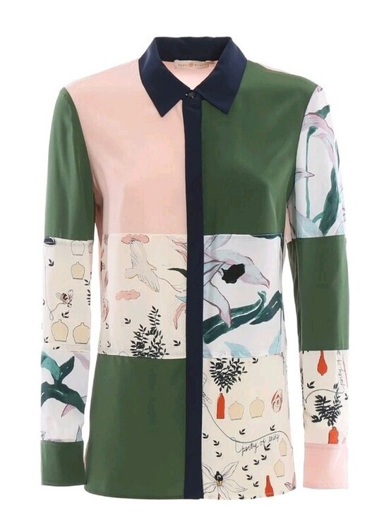 Tory Burch Tops - Tory Burch Sz 2 Patchwork Silk Shirt Green White Pink Ivory Poetry Print Blouse